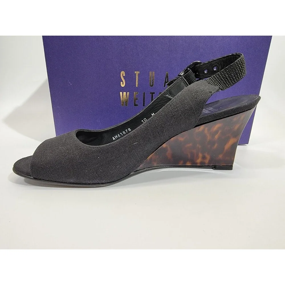 Stuart Weitzman 10 Beltitout Black Linen Slingback High Heels Pumps Designer EUC